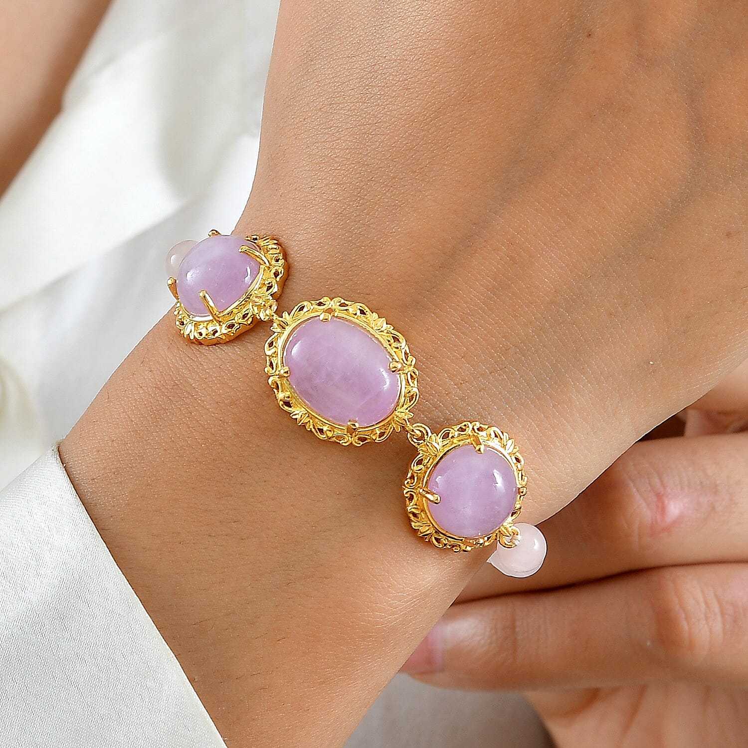 EverTrue Kunzite and Rose Quartz 41.20 ctw Open Filligree Work Bracelet in 18K YG Plated (7.25 In)