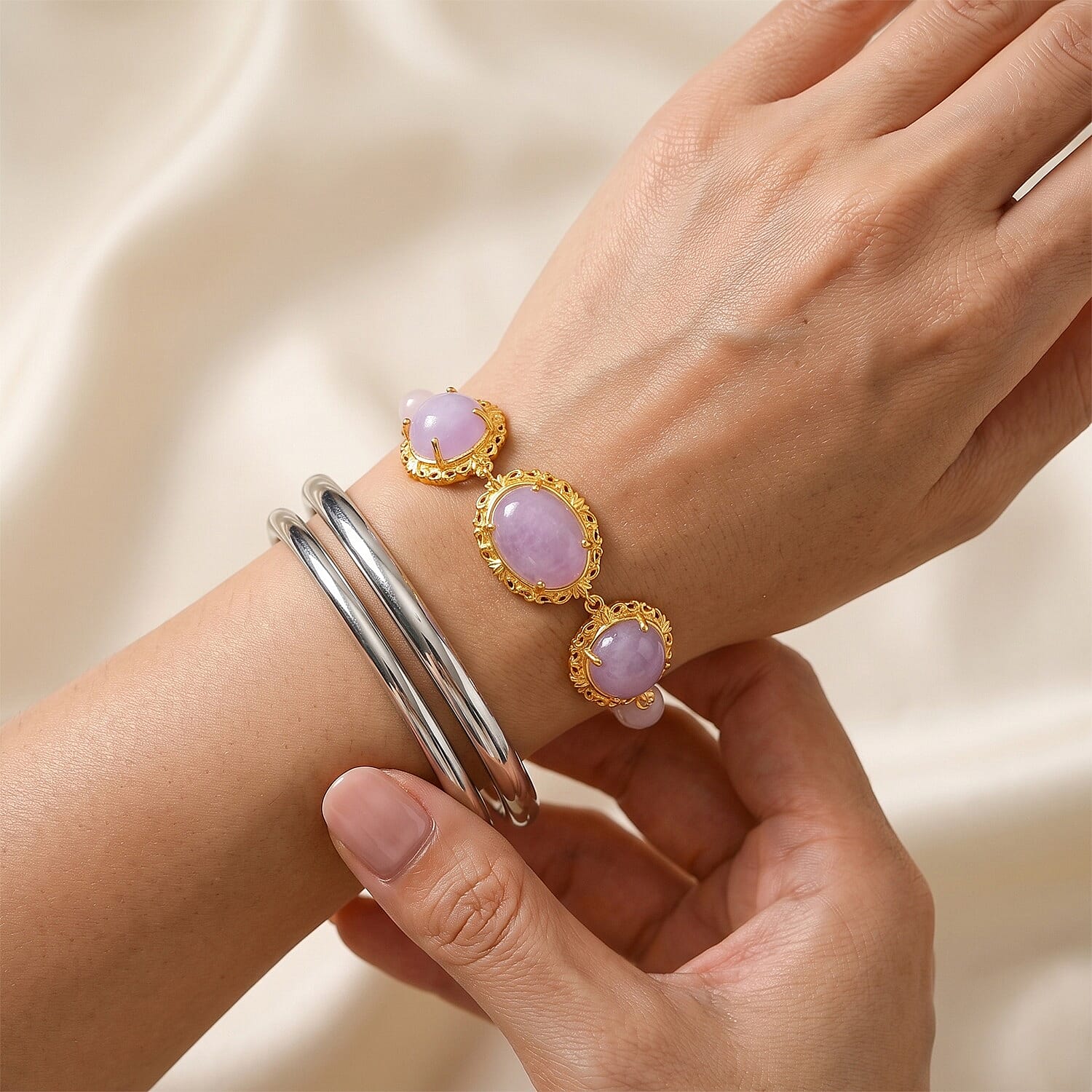 EverTrue Kunzite and Rose Quartz 41.20 ctw Open Filligree Work Bracelet in 18K YG Plated (7.25 In)