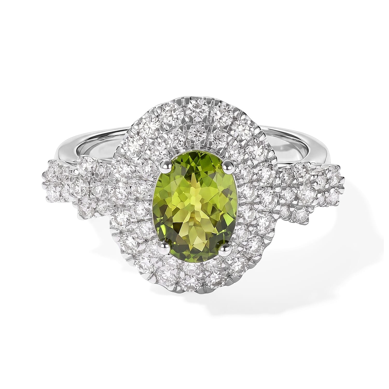 Certified & Appraised D'Joy Premium Sapo Tourmaline and Moissanite 1.90 ctw Ring in Rhodium Over Sterling Silver (Size 6.0)