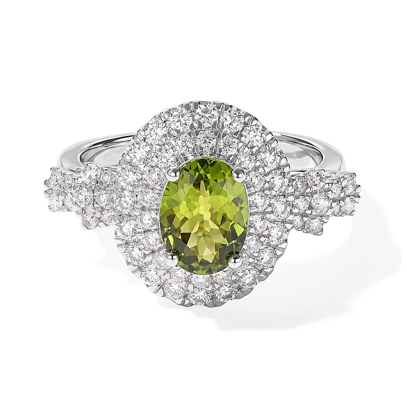 Certified & Appraised D'Joy Premium Sapo Tourmaline and Moissanite 1.90 ctw Ring in Rhodium Over Sterling Silver (Size 6.0)