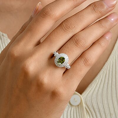 Certified & Appraised D'Joy Premium Sapo Tourmaline and Moissanite 1.90 ctw Ring in Rhodium Over Sterling Silver (Size 6.0)