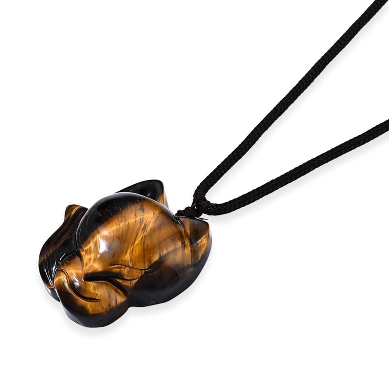 Yellow Tigers Eye 85.00 ctw Fox Pendant with Hand Woven Cord Necklace (26 Inches)