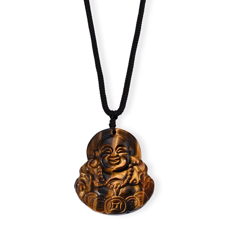 Yellow Tigers Eye 65.00 ctw Buddha Pendant with Hand Woven Cord Necklace (26 Inches)
