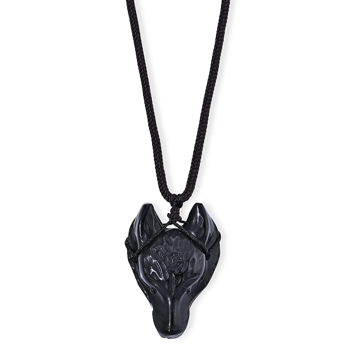 Black Obsidian 63.00 ctw Wolf Pendant with Hand Woven Cord Necklace (26 Inches)