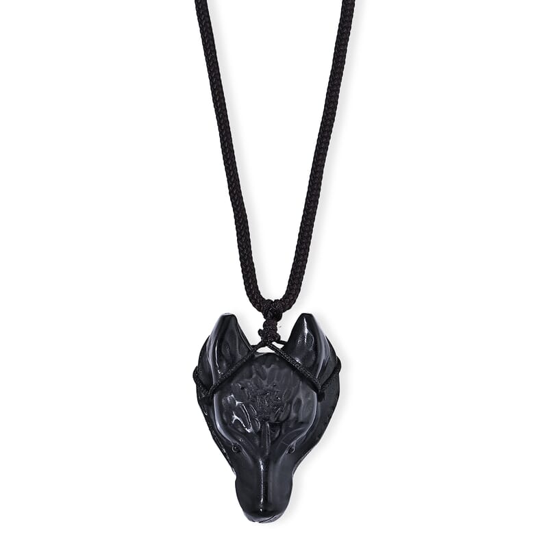 Black Obsidian 63.00 ctw Wolf Pendant with Hand Woven Cord Necklace (26 Inches)