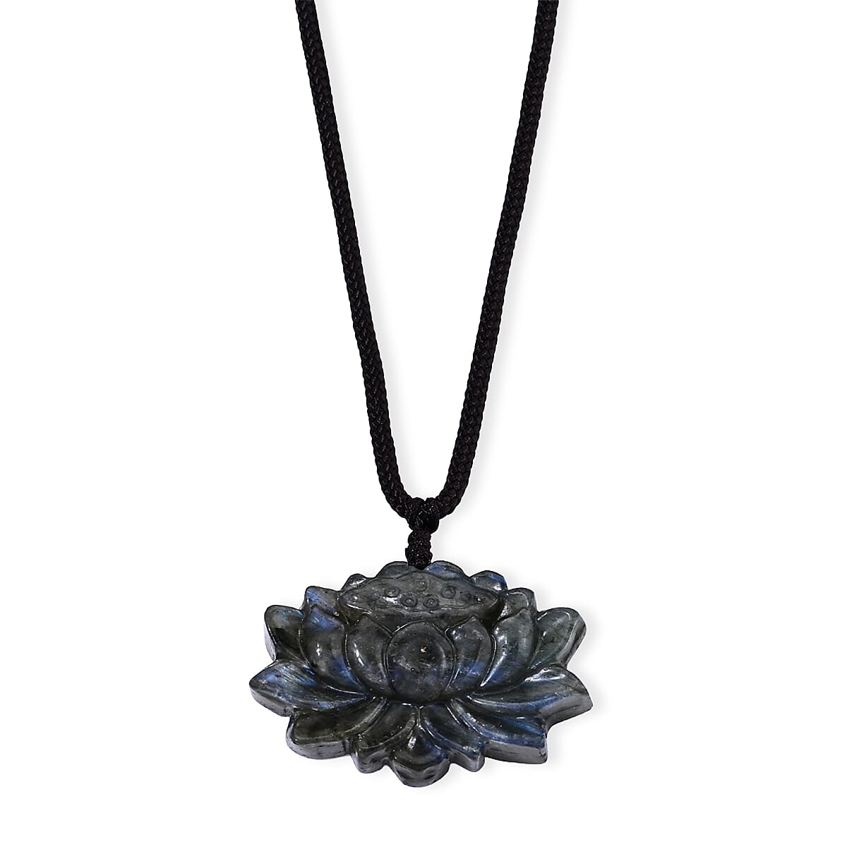 Labradorite 58.00 ctw Lotus Pendant with Hand Woven Cord Necklace (26 Inches)