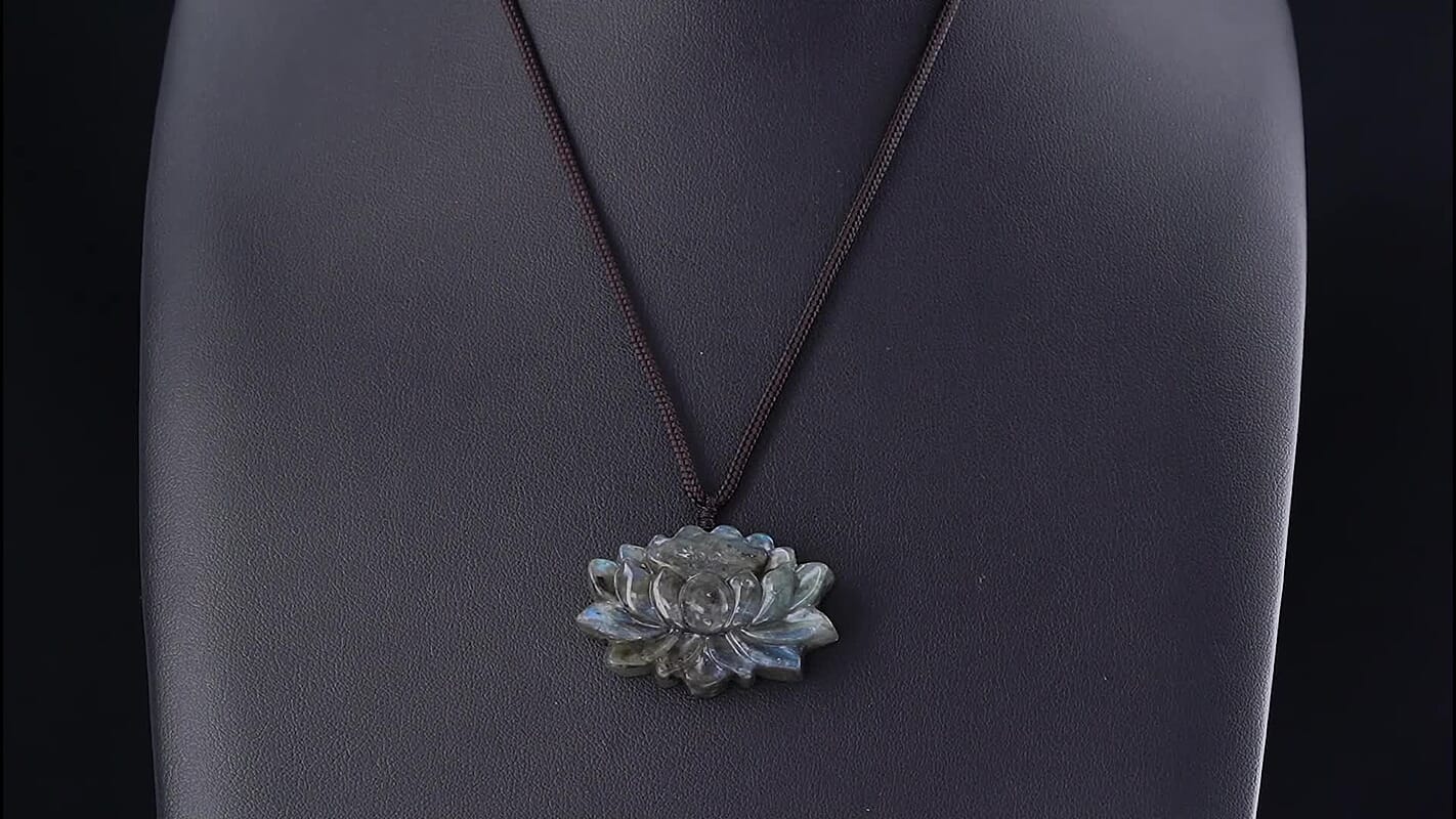 Labradorite 58.00 ctw Lotus Pendant with Hand Woven Cord Necklace (26 Inches)