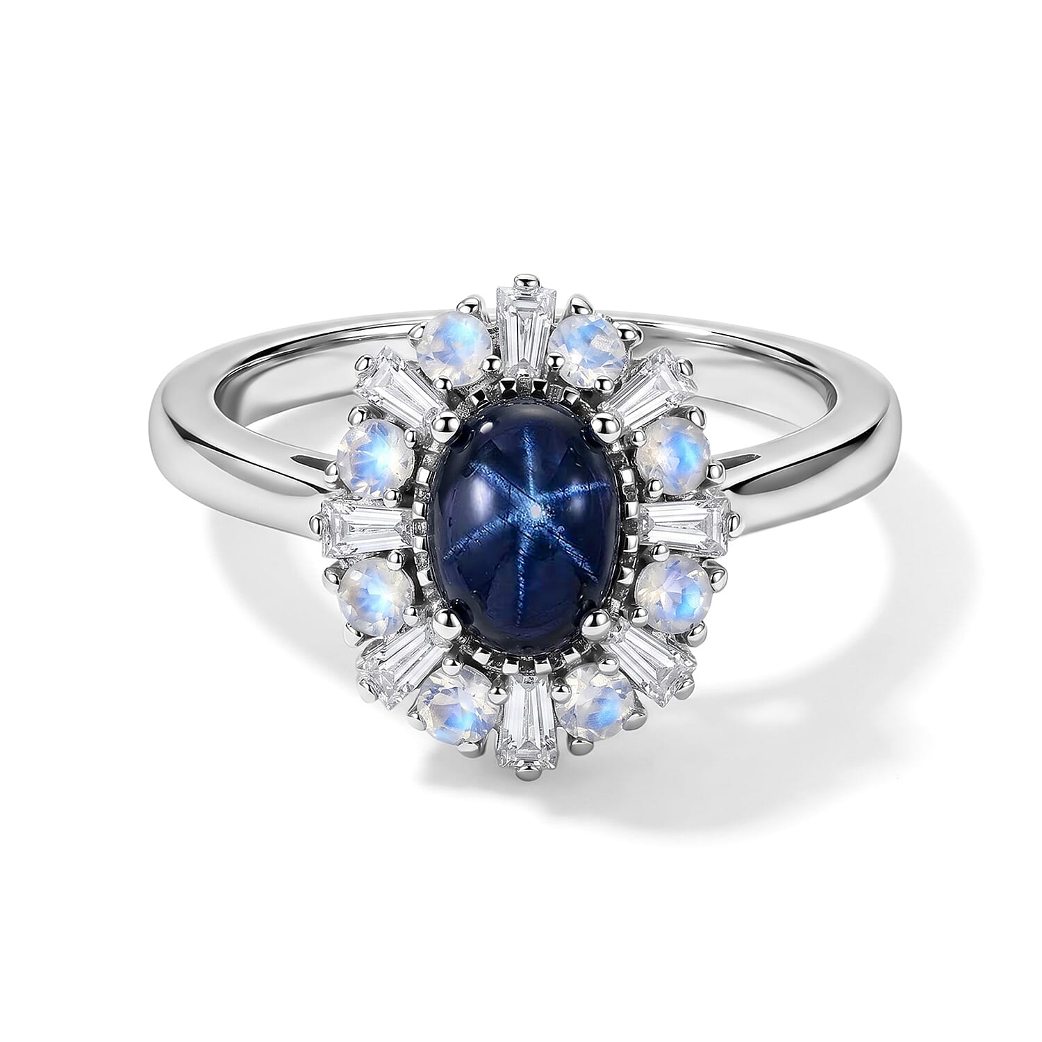 D'Joy Premium Blue Star Sapphire (DF) and Multi Gemstone 2.00 ctw Ring in Rhodium Over Sterling Silver (Size 5.0)