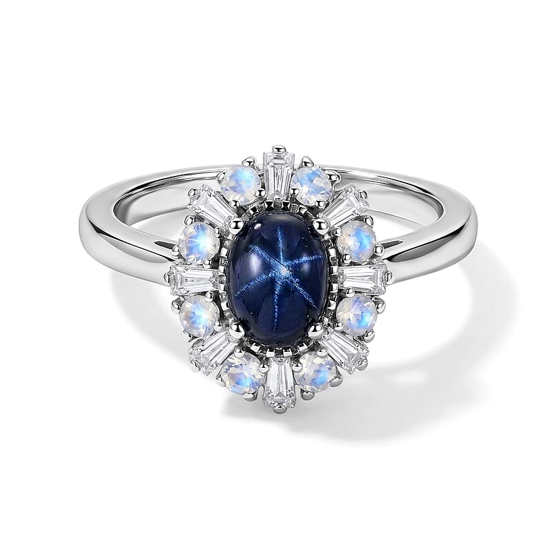 D'Joy Premium Blue Star Sapphire (DF) and Multi Gemstone 2.00 ctw Ring in Rhodium Over Sterling Silver (Size 5.0)