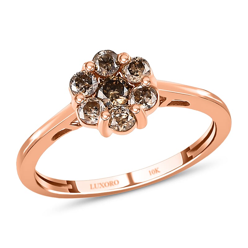 Luxoro 10K Rose Gold Natural Champagne Diamond Floral Ring, Diamond Floral Ring, Engagement Rings, Seven Stone Ring For Women 0.50 ctw