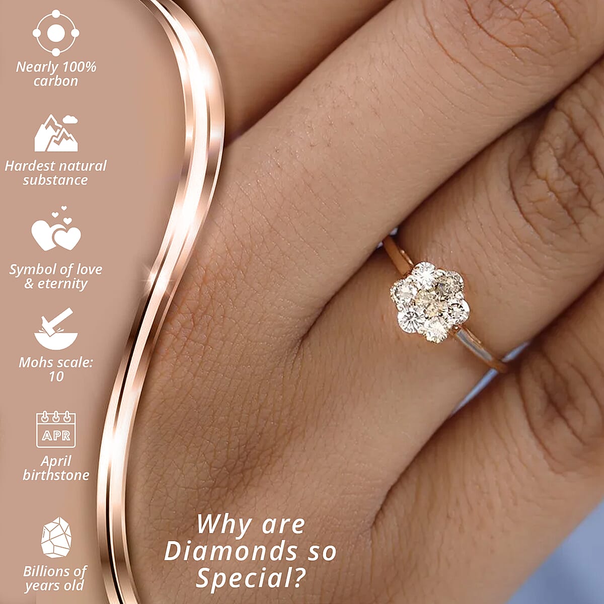 Luxoro 10K Rose Gold Natural Champagne Diamond Floral Ring, Diamond Floral Ring, Engagement Rings, Seven Stone Ring For Women, Promise Rings 0.50 ctw image number 2