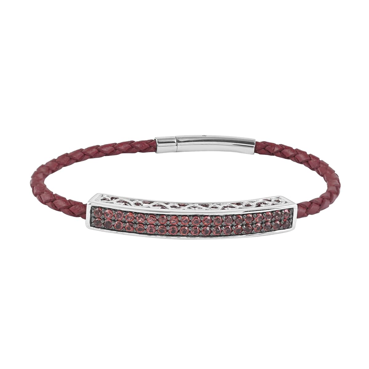 Mozambique Garnet and Braided Brown Genuine Leather Floral Framework Bracelet in Sterling Silver (7.25 In) 6.10 ctw image number 0