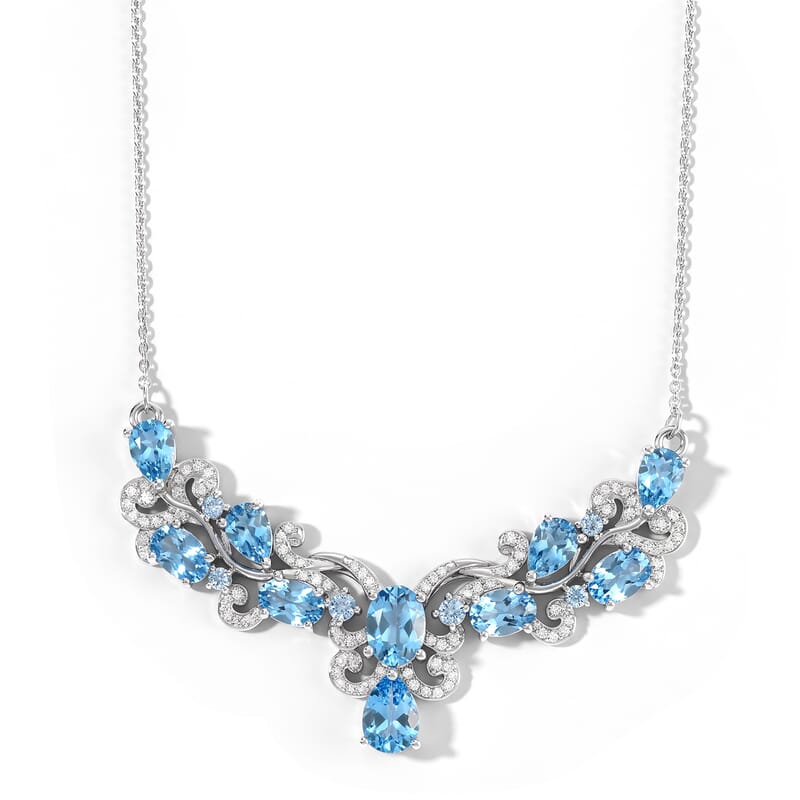 D'Joy Premium Lab Certified Swiss Blue Topaz and Moissanite 6.75 ctw Necklace (18 Inches) in Rhodium Over Sterling Silver
