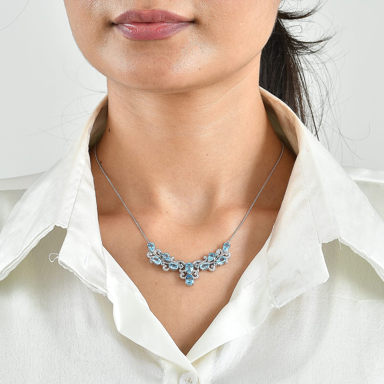 D'Joy Premium Lab Certified Swiss Blue Topaz and Moissanite 6.75 ctw Necklace (18 Inches) in Rhodium Over Sterling Silver