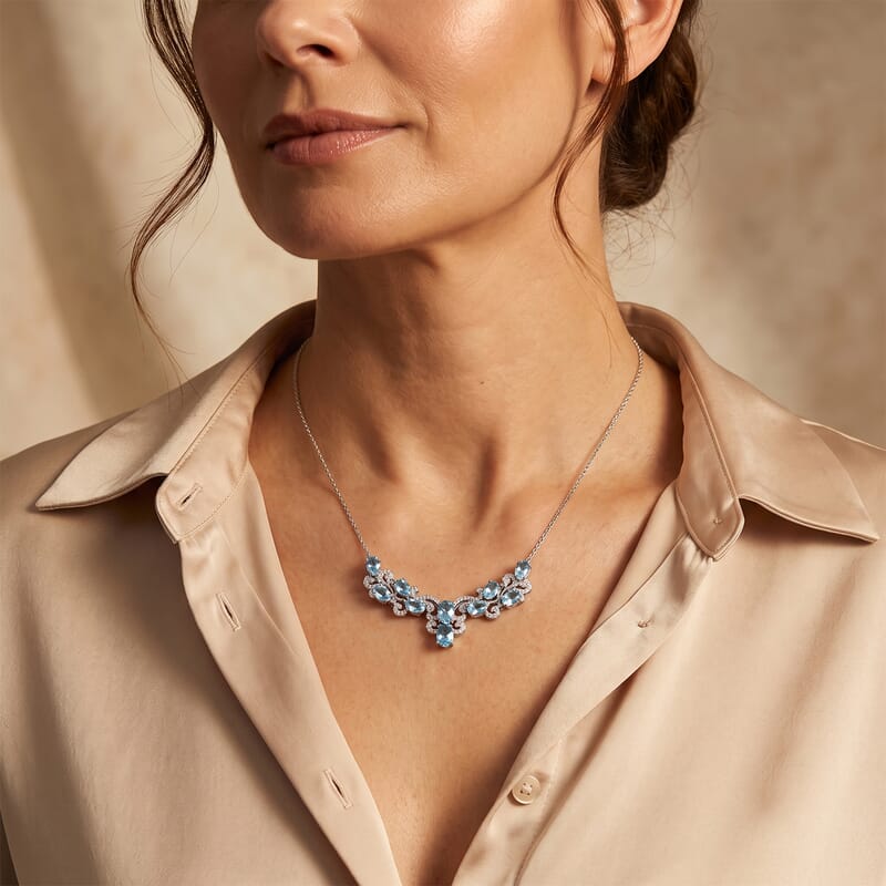 D'Joy Premium Lab Certified Swiss Blue Topaz and Moissanite 6.75 ctw Necklace (18 Inches) in Rhodium Over Sterling Silver