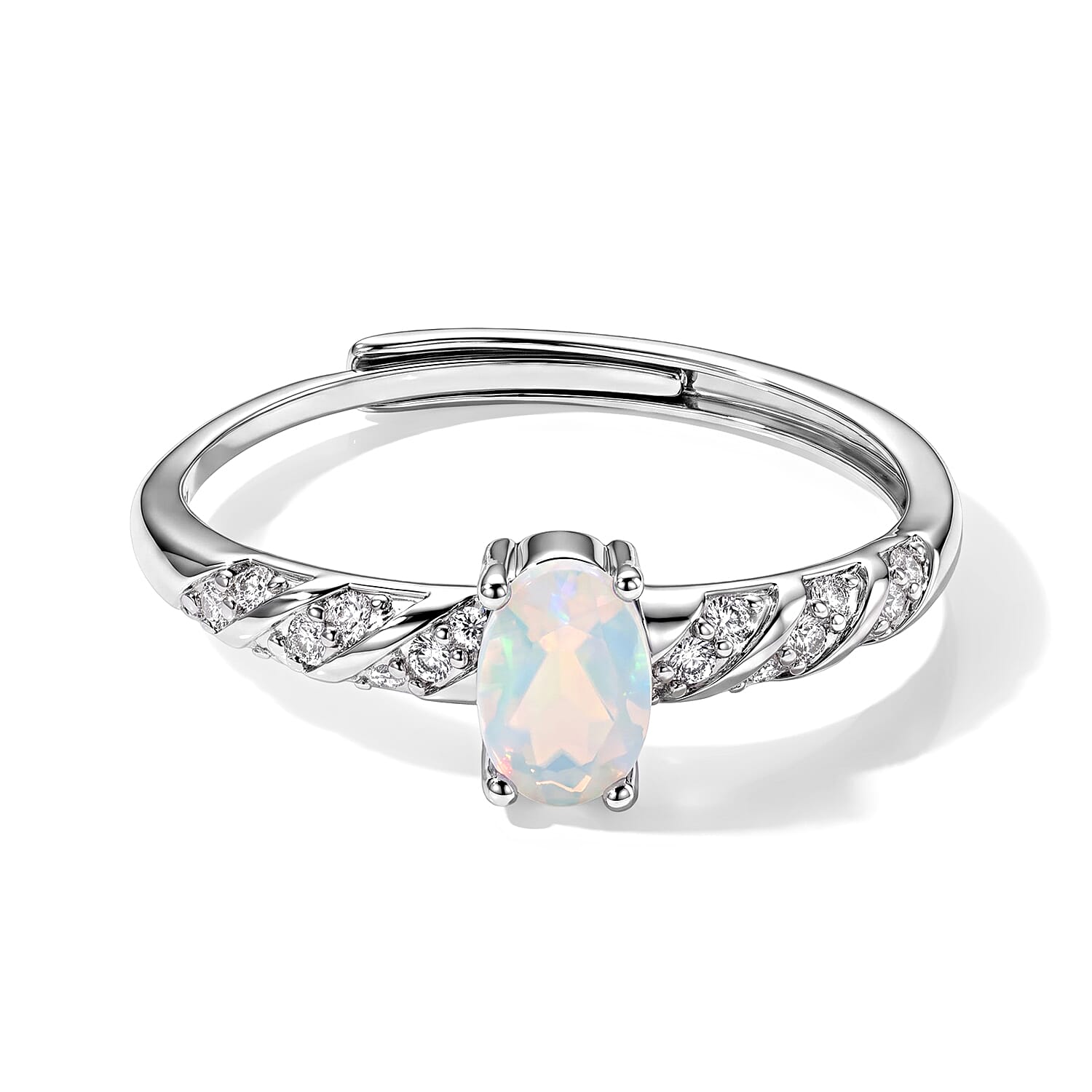 Opal and Simulated Diamond 1.05 ctw Ring in Silvertone (Adjustable)