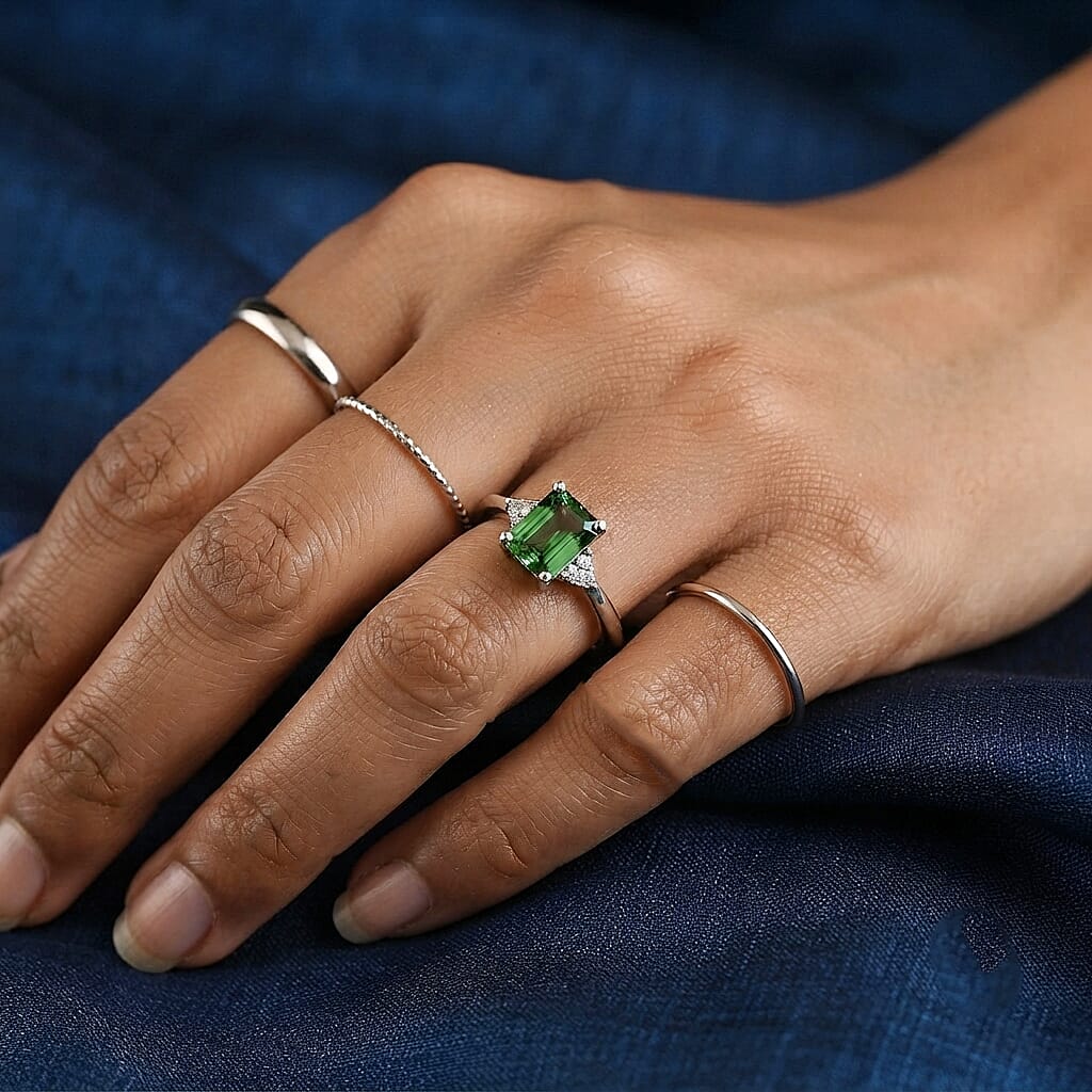 D'Joy AAA Mint Tourmaline and Diamond 1.35 ctw Ring in Rhodium Over Sterling Silver (Size 7.0)