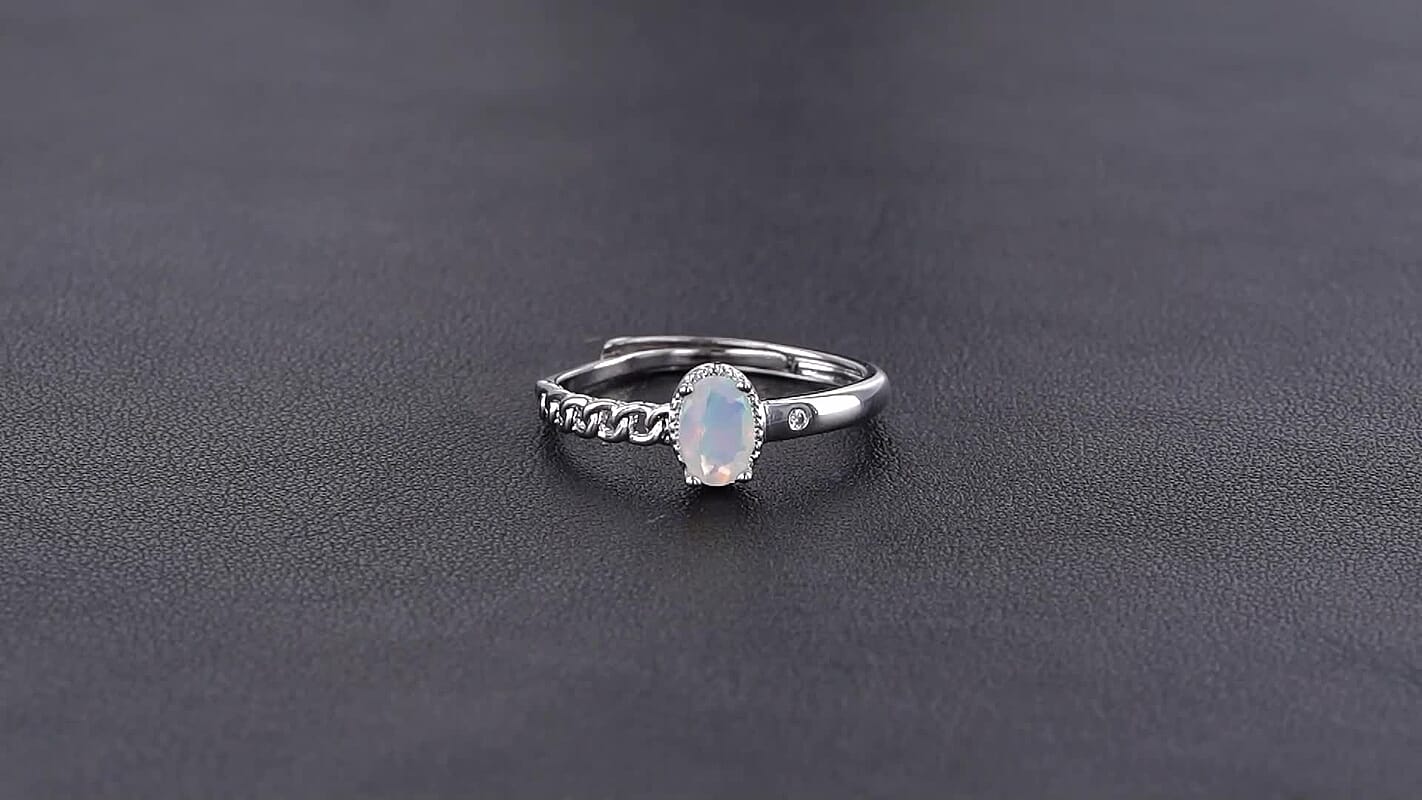 Opal and Simulated Diamond 1.00 ctw Ring Silvertone (Adjustable)