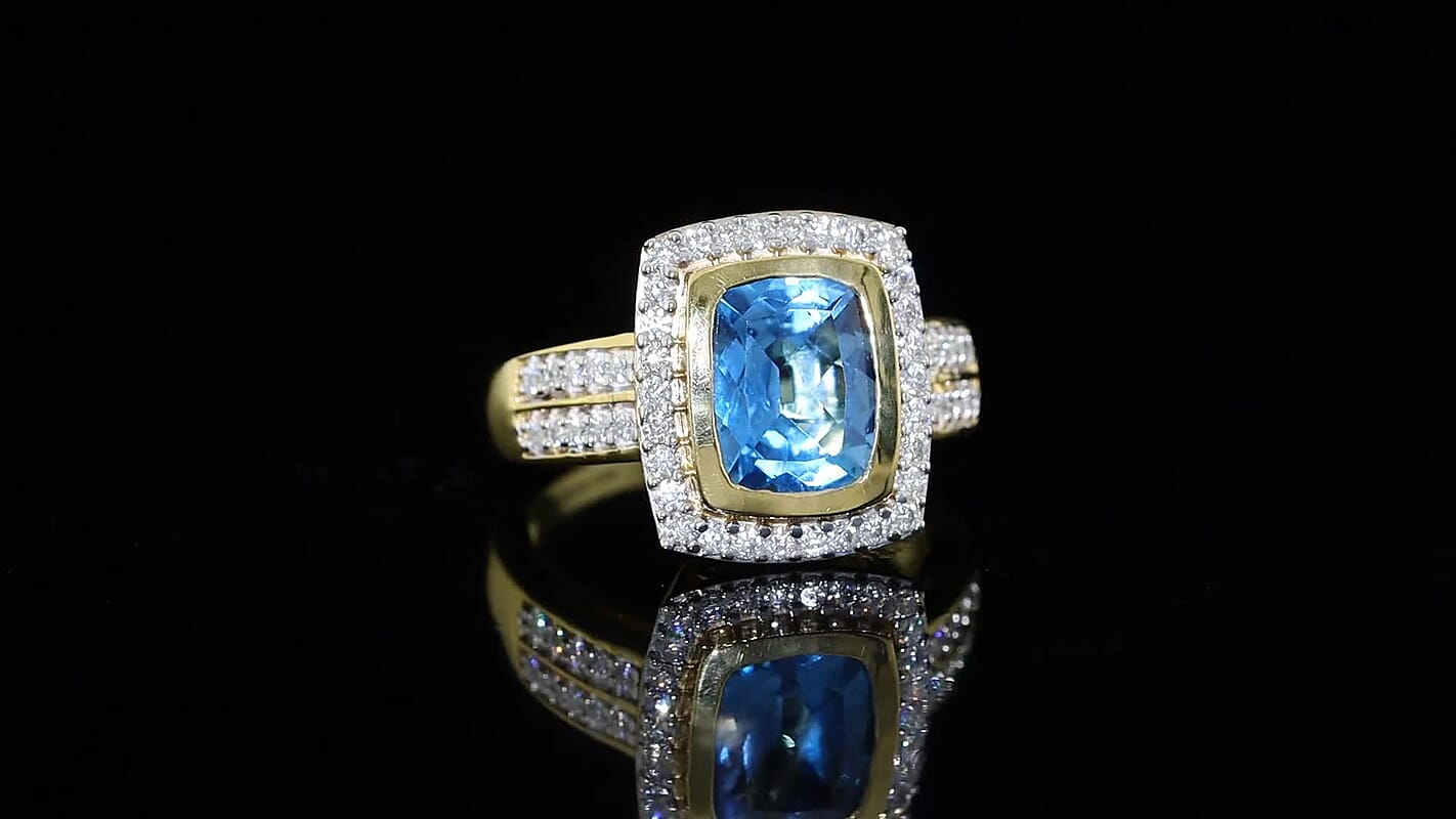 D''Joy Premium Swiss Blue Topaz and Moissanite 4.15 ctw Ring in 18K Vermeil Yellow Gold Over Sterling Silver (Size 7.0)