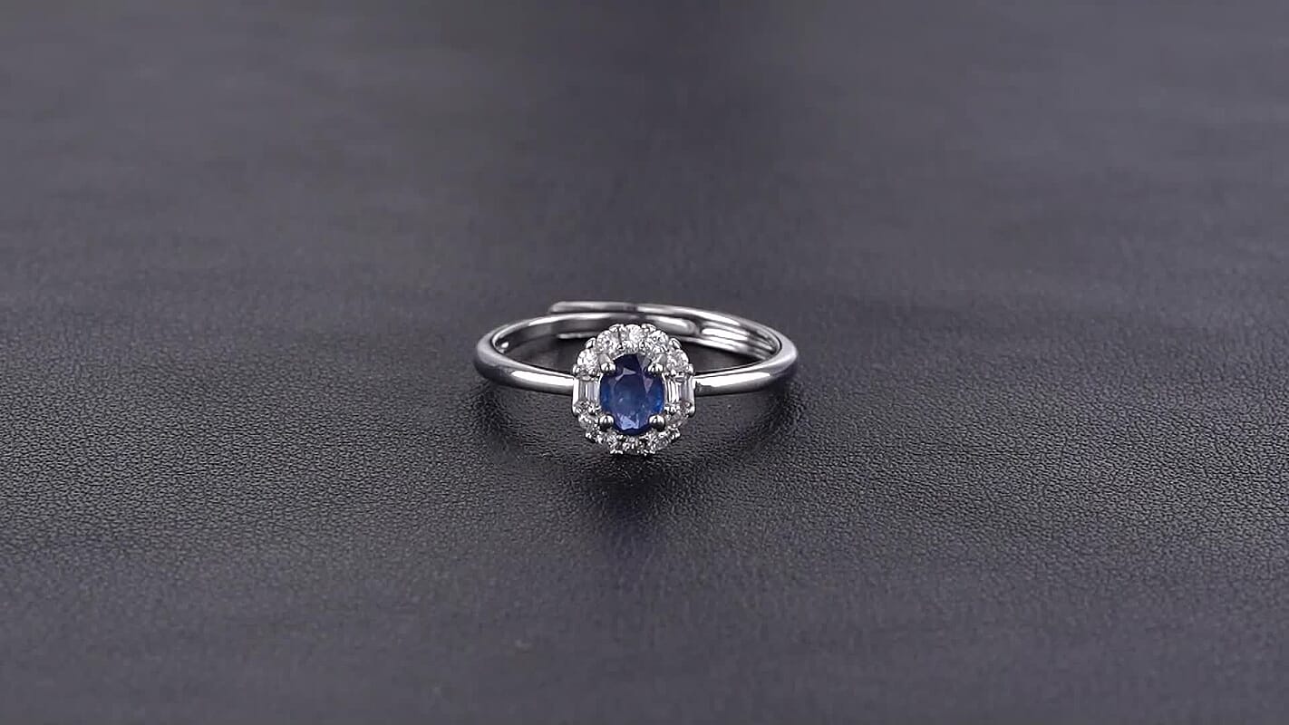 Blue Sapphire and Simulated Diamond 1.00 ctw Ring in Silvertone (Adjustable)