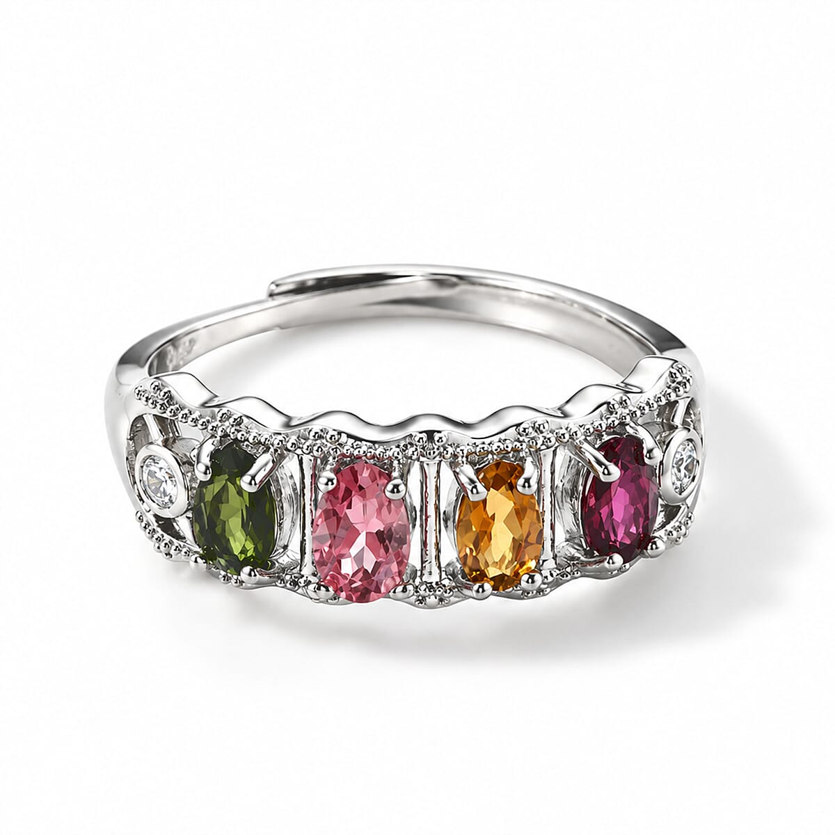 Multi-Tourmaline and Simulated Diamond 3.00 ctw Ring in Silvertone (Adjustable)