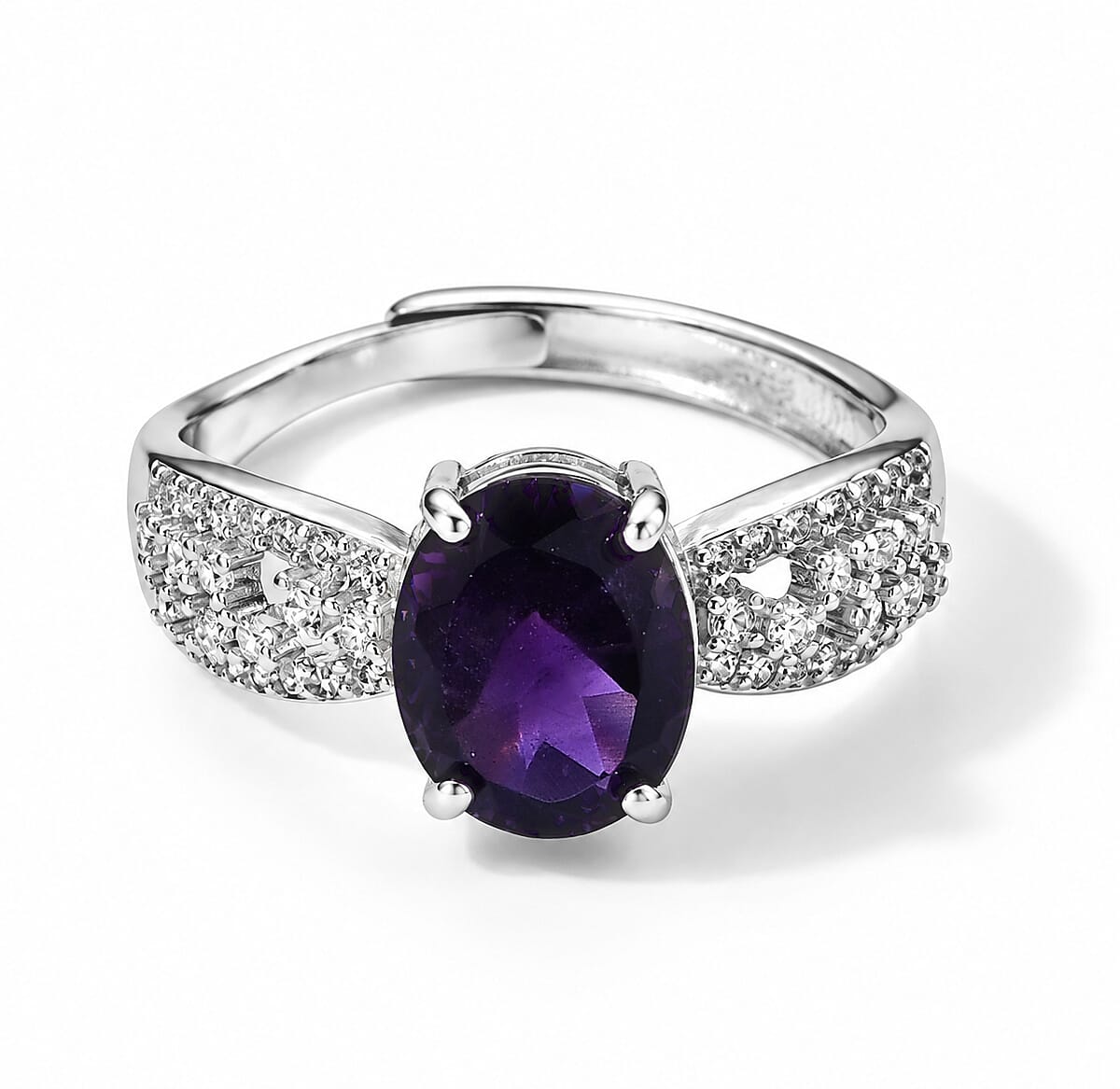 Amethyst and Simulated Diamond 3.00 ctw Ring in Silvertone (Adjustable)