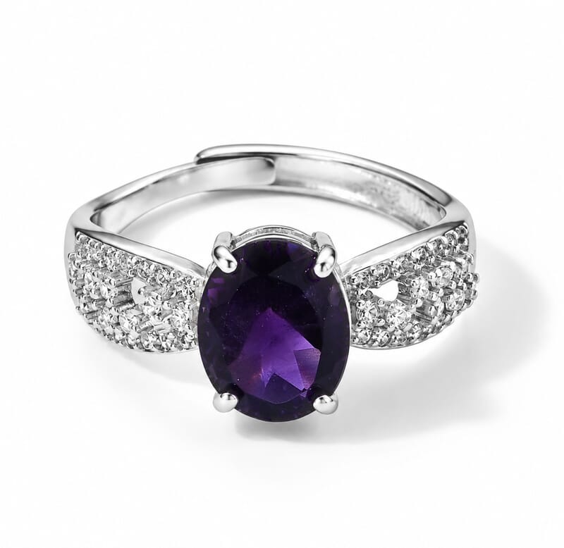 Amethyst and Simulated Diamond 3.00 ctw Ring in Silvertone (Adjustable)