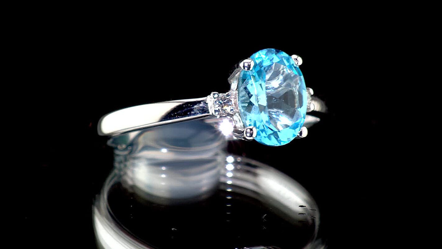 Premium Swiss Blue Topaz, Luxuriant Lab Grown Diamond (G-H, SI) Ring in Rhodium Over Sterling Silver (Size 10.0) 1.50 ctw