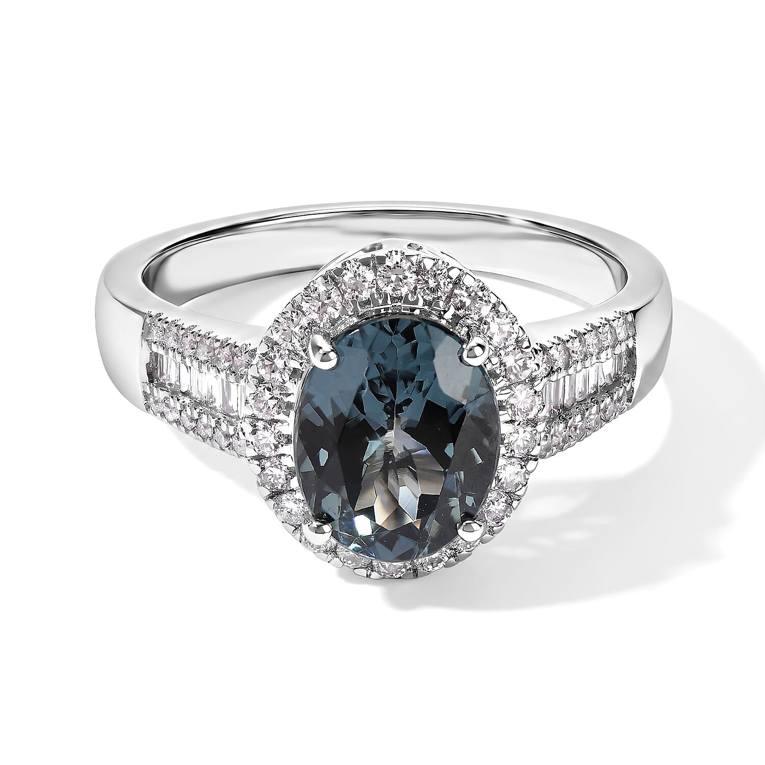 SGL Certified Luxoro AAA Teal Spinel and Diamond I2 3.00 ctw Ring in 14K White Gold (Size 7.0) 4.50 Grams