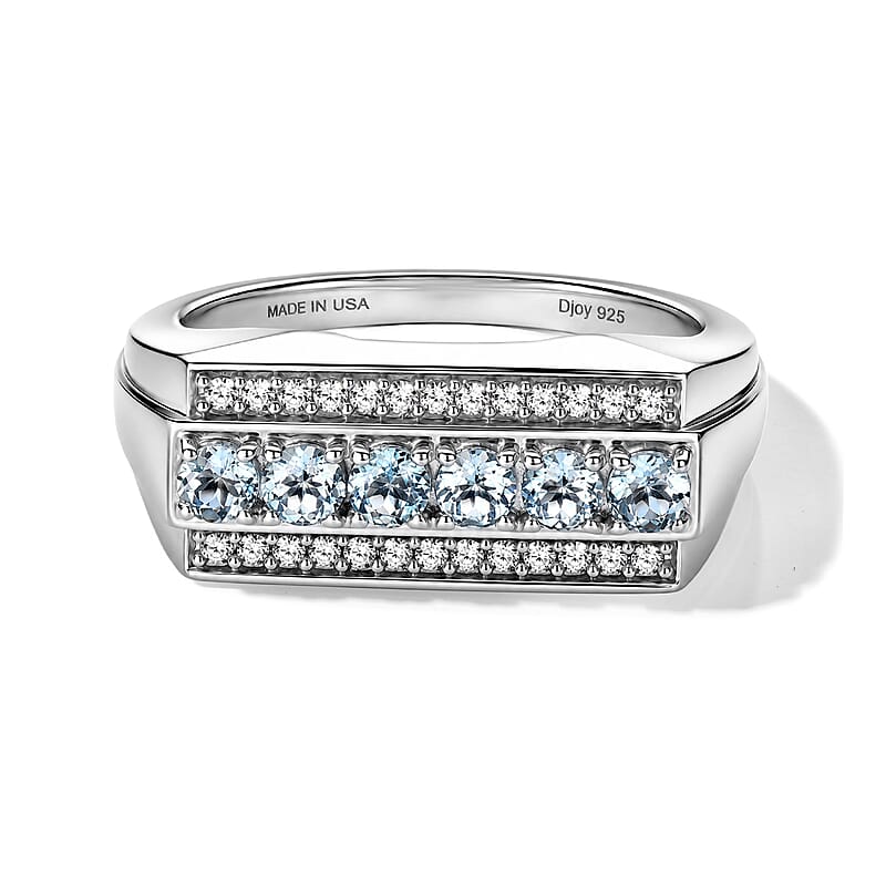 D'Joy Santa Maria Aquamarine and Moissanite 0.75 ctw Men's Ring in Rhodium Over Sterling Silver (Size 9.0)