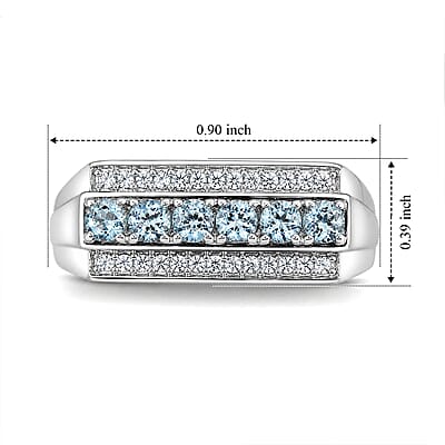 D'Joy Santa Maria Aquamarine and Moissanite 0.75 ctw Men's Ring in Rhodium Over Sterling Silver (Size 9.0)