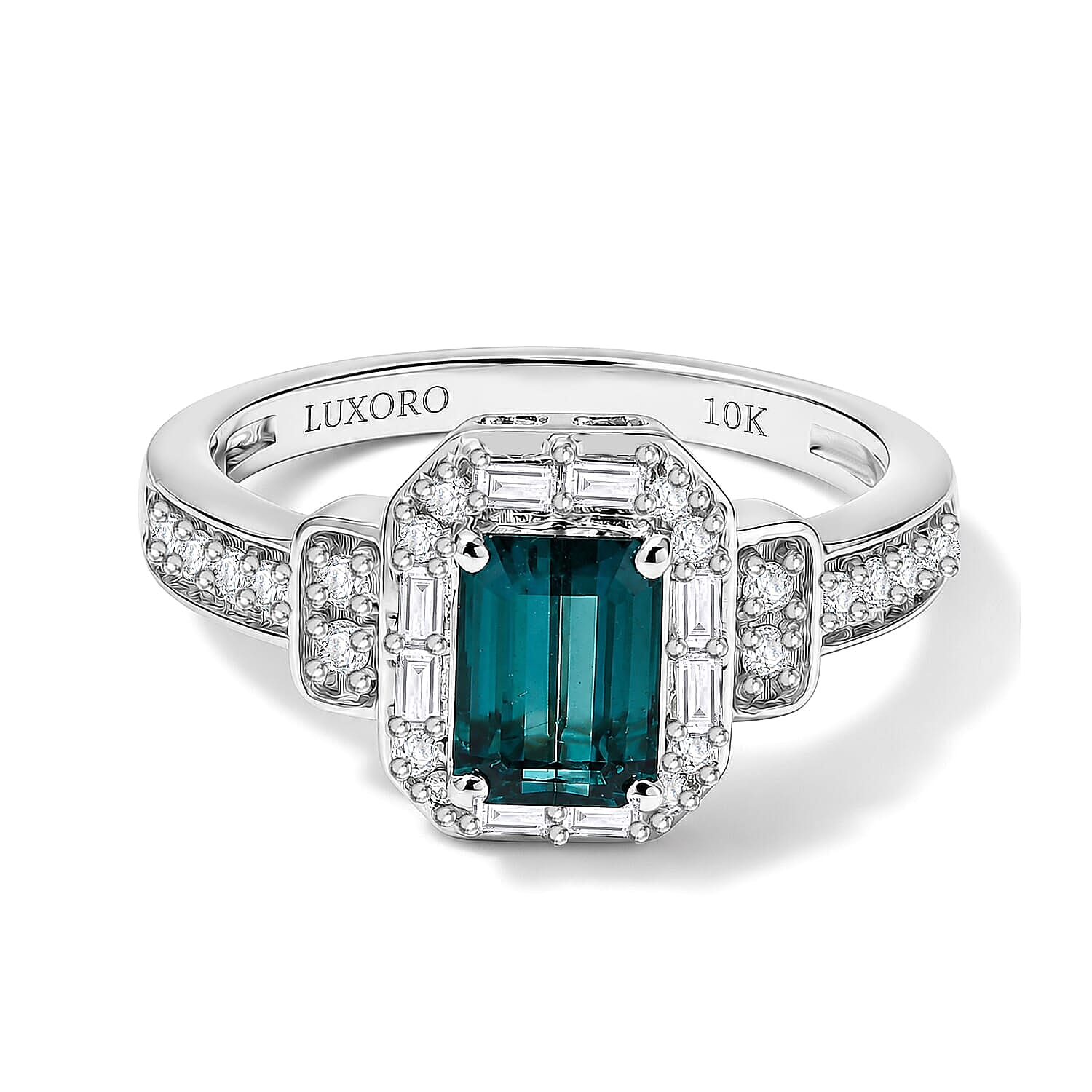 Luxoro AAA Monte Belo Indicolite and Diamond I2 1.40 ctw Art Deco Elegance Ring in 10K White Gold (Size  5.0)