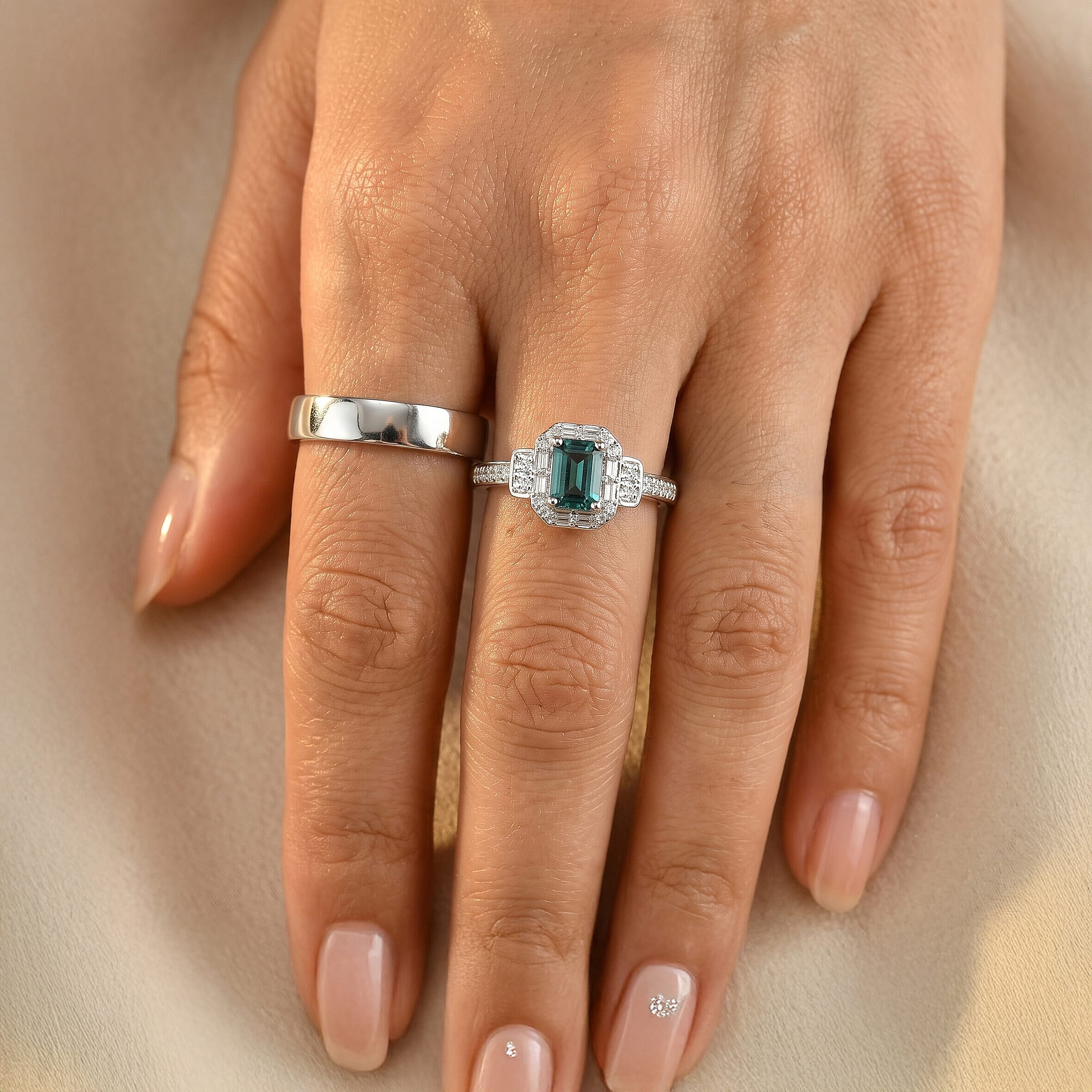 Luxoro AAA Monte Belo Indicolite and Diamond I2 1.40 ctw Art Deco Elegance Ring in 10K White Gold (Size  5.0)