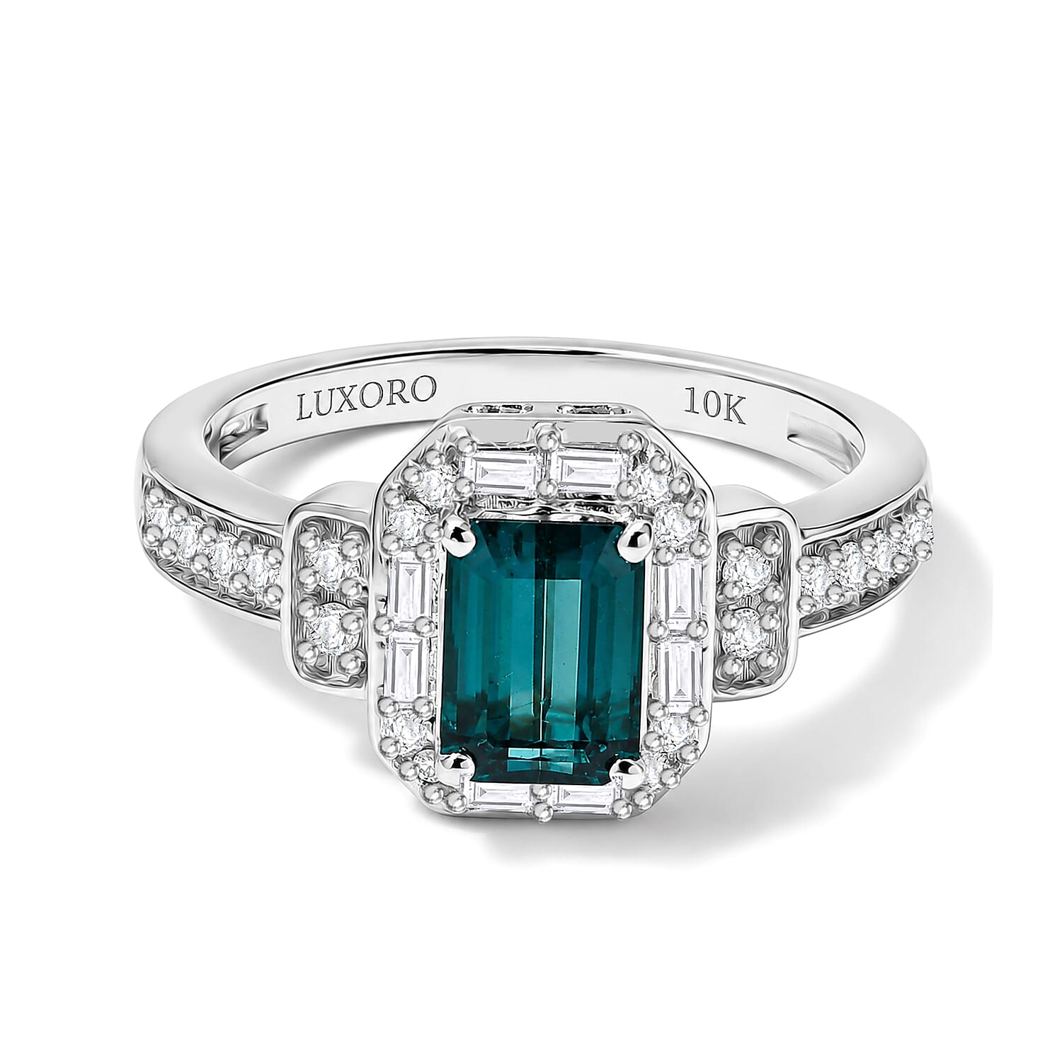 Luxoro AAA Monte Belo Indicolite and Diamond I2 1.40 ctw Art Deco Elegance Ring in 10K White Gold (Size 6.0)