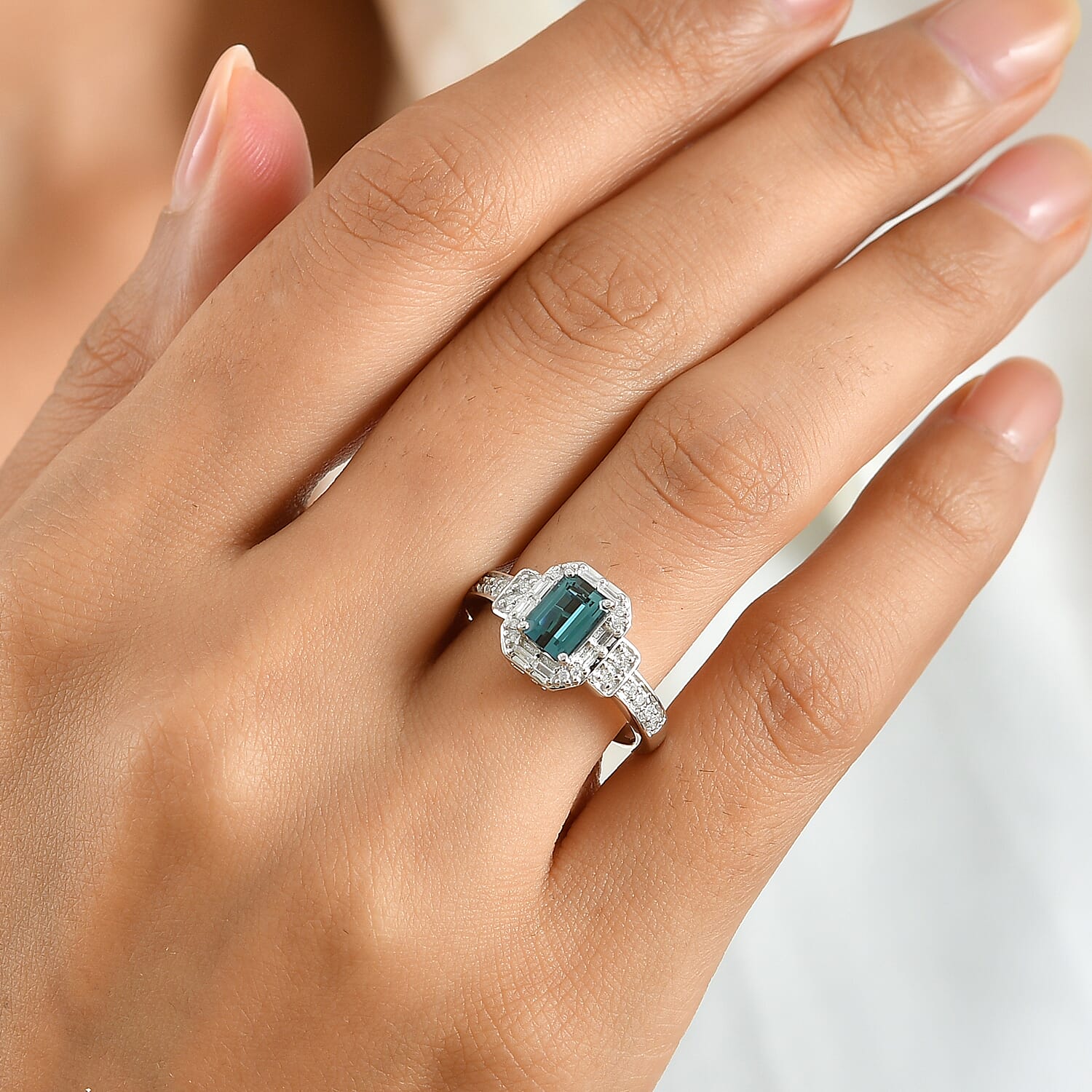 Luxoro AAA Monte Belo Indicolite and Diamond I2 1.40 ctw Art Deco Elegance Ring in 10K White Gold (Size 6.0)