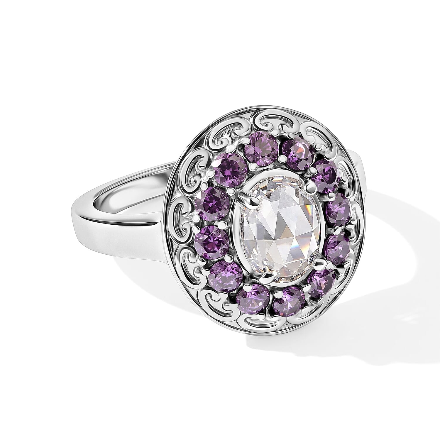 EverTrue Simulated White and Amethyst Color Diamond Ring in Stainless Steel (Size 5.0)