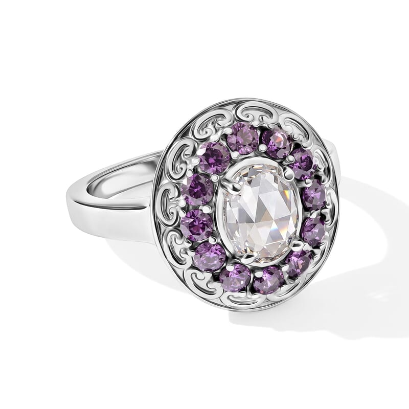 EverTrue Simulated White and Amethyst Color Diamond Crown Ring in Stainless Steel (Size 5.0)