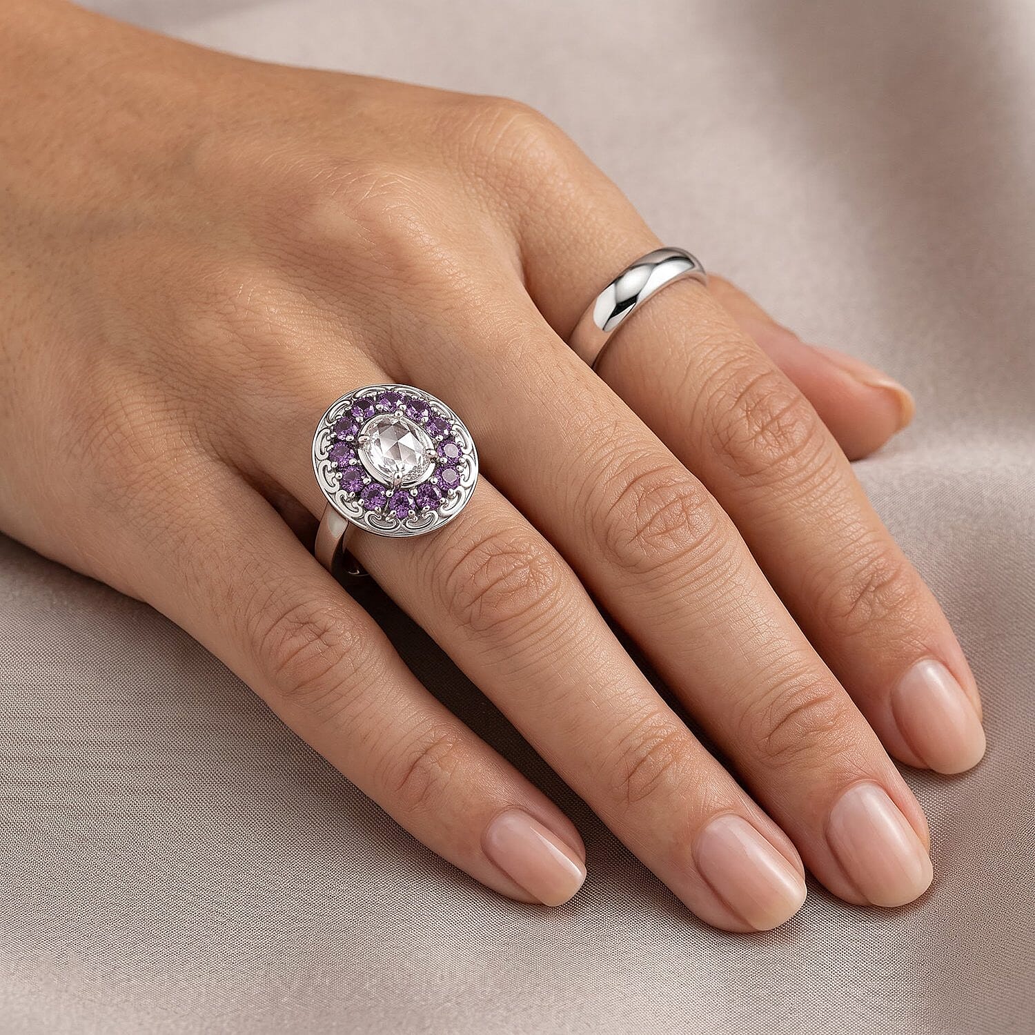 EverTrue Simulated White and Amethyst Color Diamond Ring in Stainless Steel (Size 5.0)
