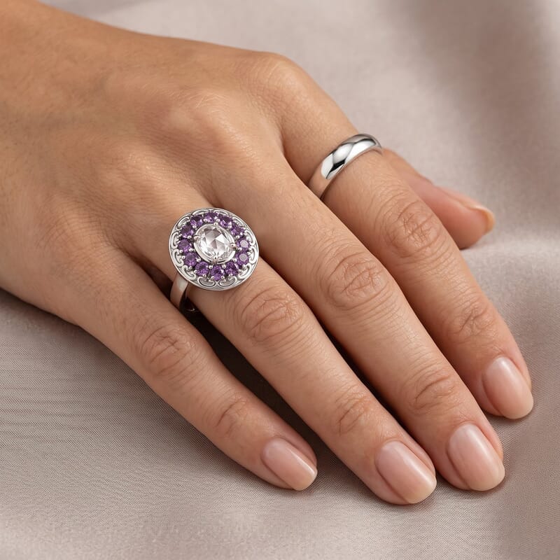 EverTrue Simulated White and Amethyst Color Diamond Crown Ring in Stainless Steel (Size 5.0)