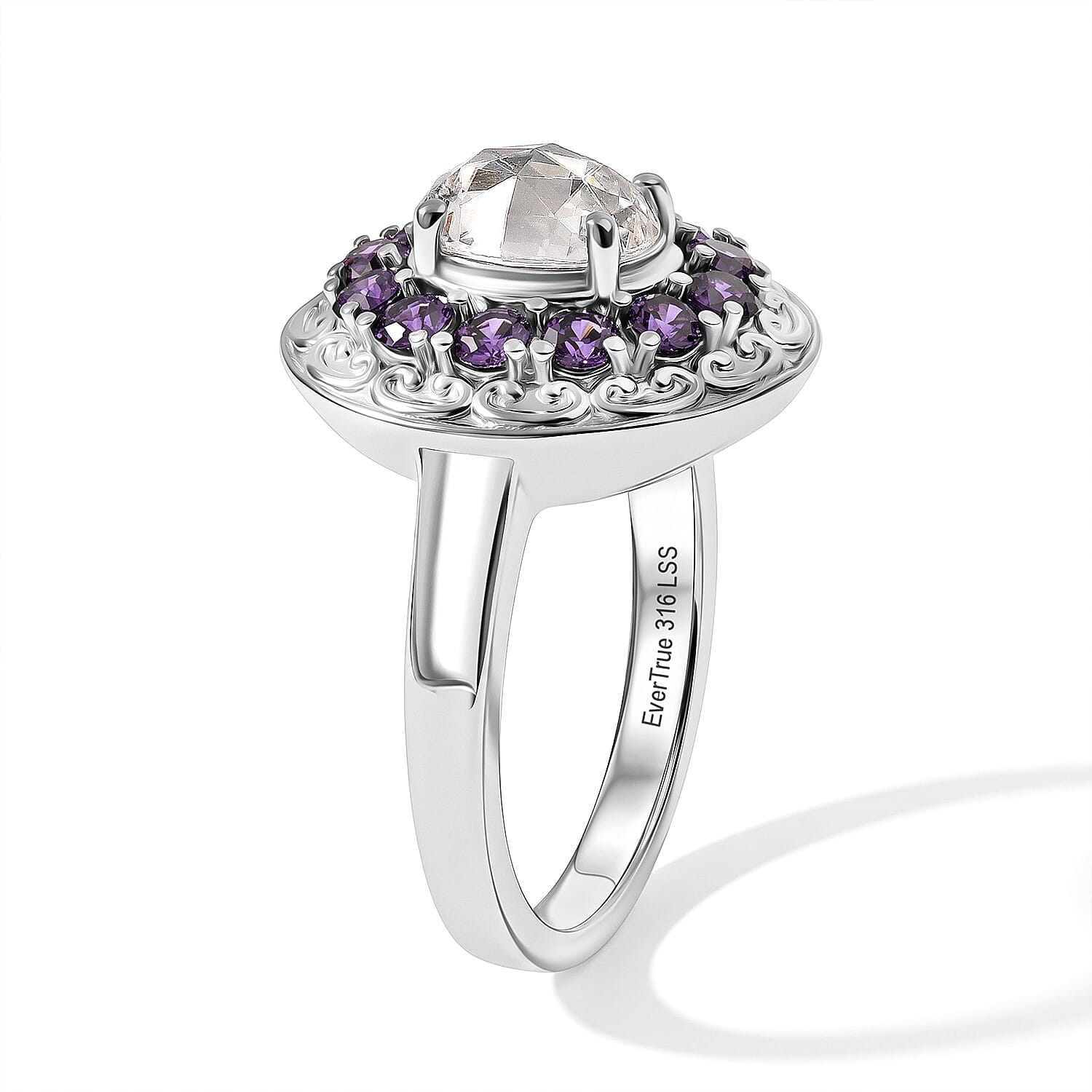 EverTrue Simulated White and Amethyst Color Diamond Ring in Stainless Steel (Size 5.0)