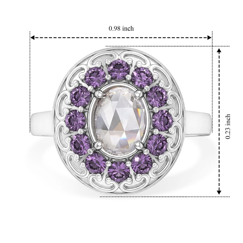 EverTrue Simulated White and Amethyst Color Diamond Crown Ring in Stainless Steel (Size 5.0)