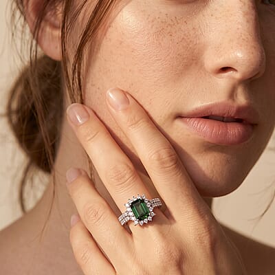 AAA Mint Tourmaline and Luxuriant Lab Grown Diamond G-H SI 1.50 ctw Ring in Rhodium Over Sterling Silver (Size 7.0)
