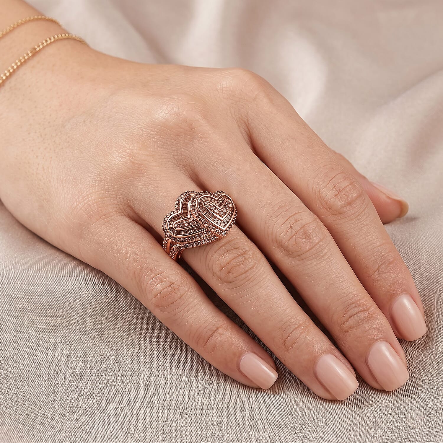 D'Joy Natural Red Diamond 1.00 ctw Twin Hearts Heart Ring in 18K Vermeil Rose Gold Over Sterling Silver (Size 6.0)