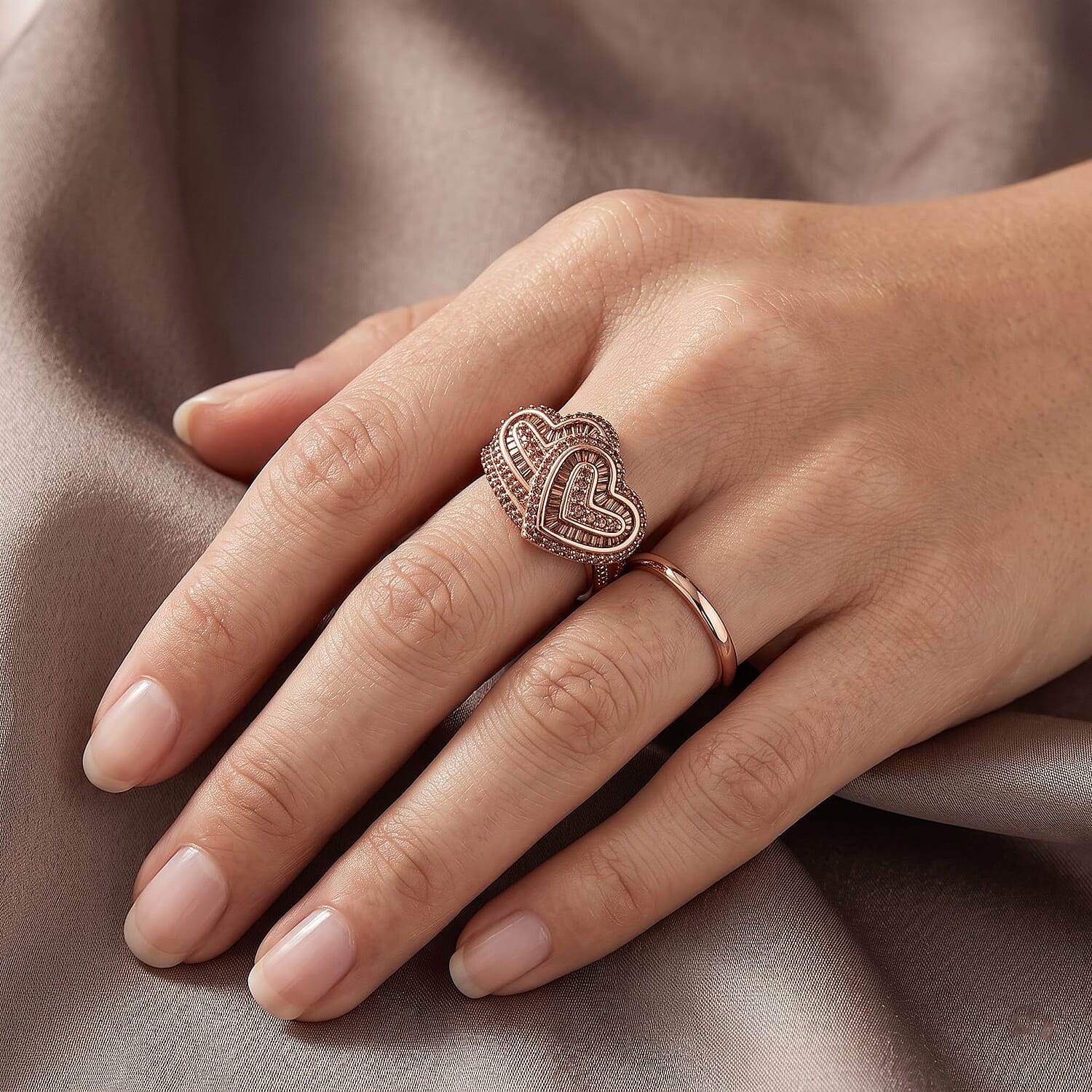 D'Joy Natural Red Diamond 1.00 ctw Twin Hearts Heart Ring in 18K Vermeil Rose Gold Over Sterling Silver (Size 6.0)