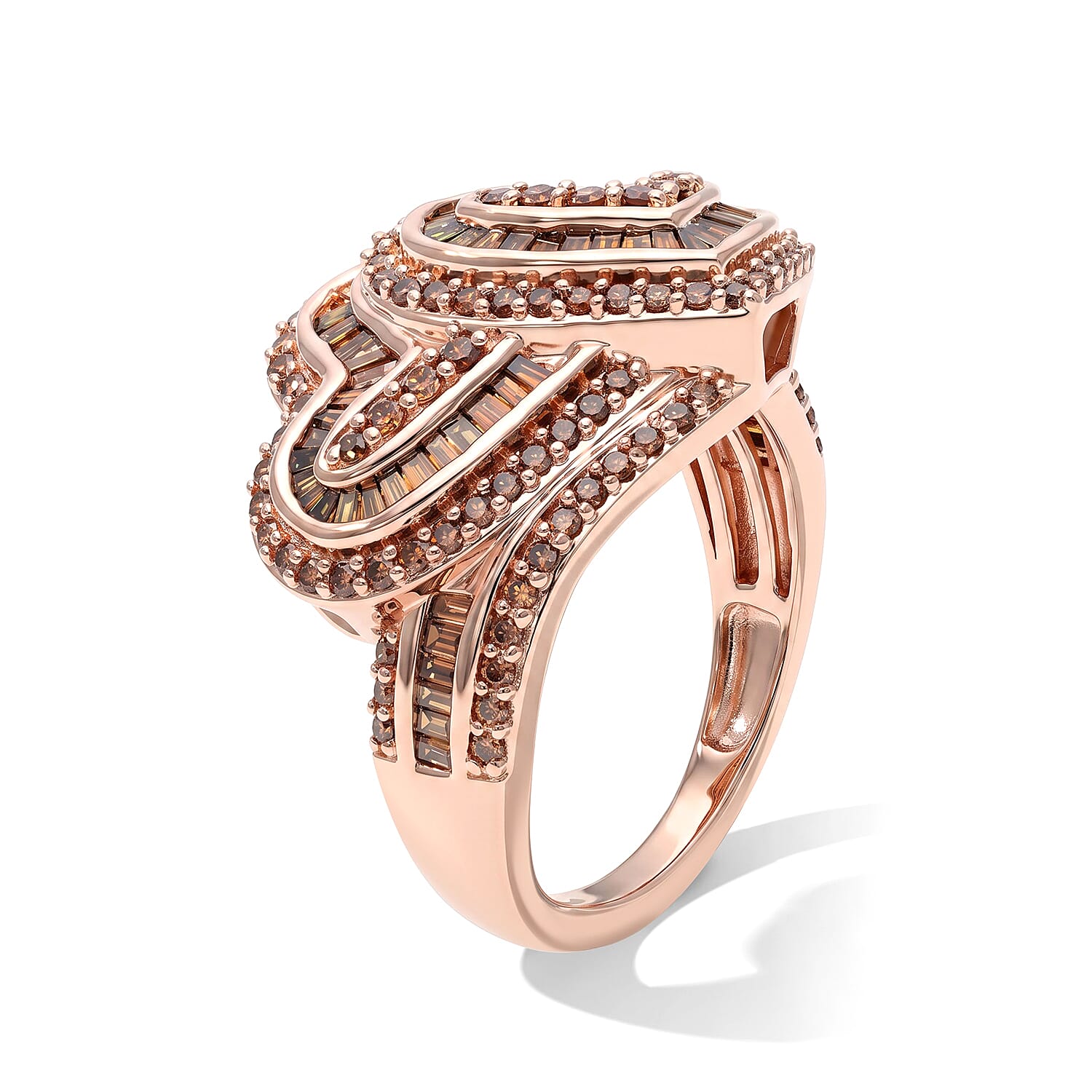 D'Joy Natural Red Diamond 1.00 ctw Twin Hearts Heart Ring in 18K Vermeil Rose Gold Over Sterling Silver (Size 6.0)