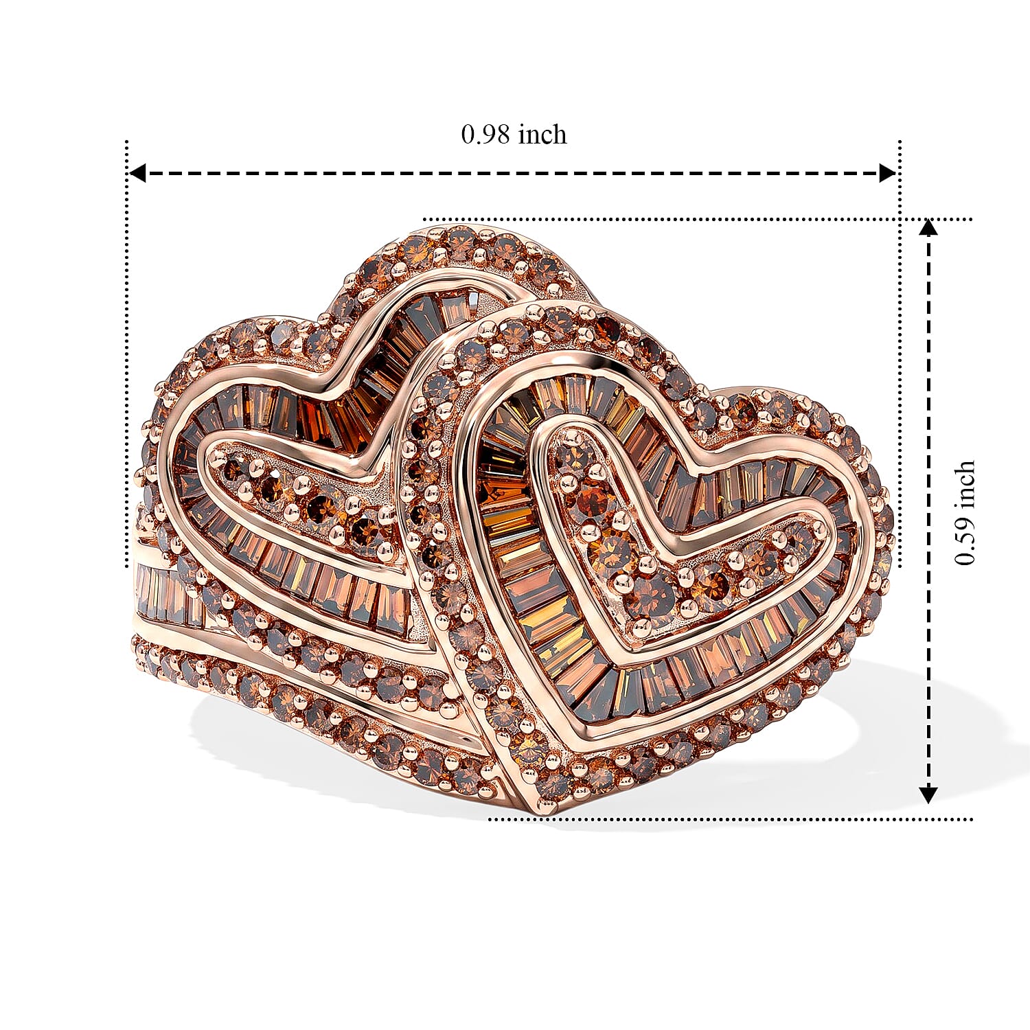 D'Joy Natural Red Diamond 1.00 ctw Twin Hearts Heart Ring in 18K Vermeil Rose Gold Over Sterling Silver (Size 6.0)