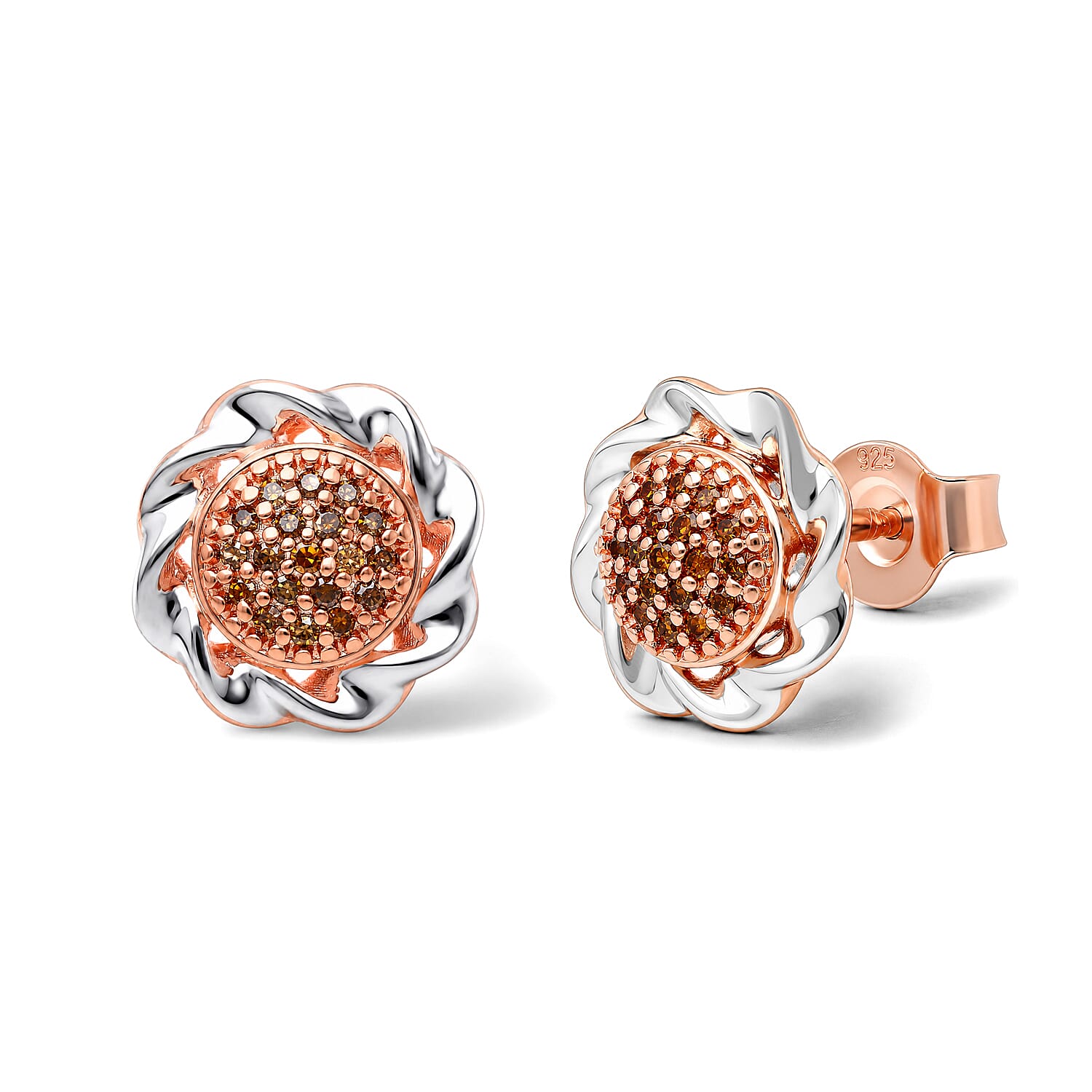 D'Joy Natural Red Diamond 0.15 ctw Earrings in 18K Vermeil RG and Rhodium Over Sterling Silver