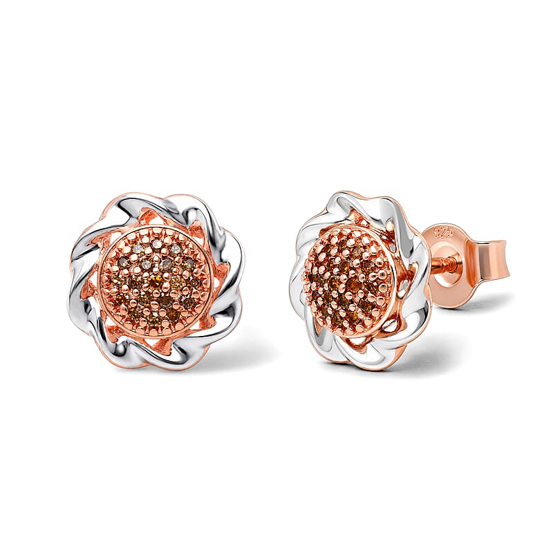 D'Joy Natural Red Diamond 0.15 ctw Earrings in 18K Vermeil RG and Rhodium Over Sterling Silver