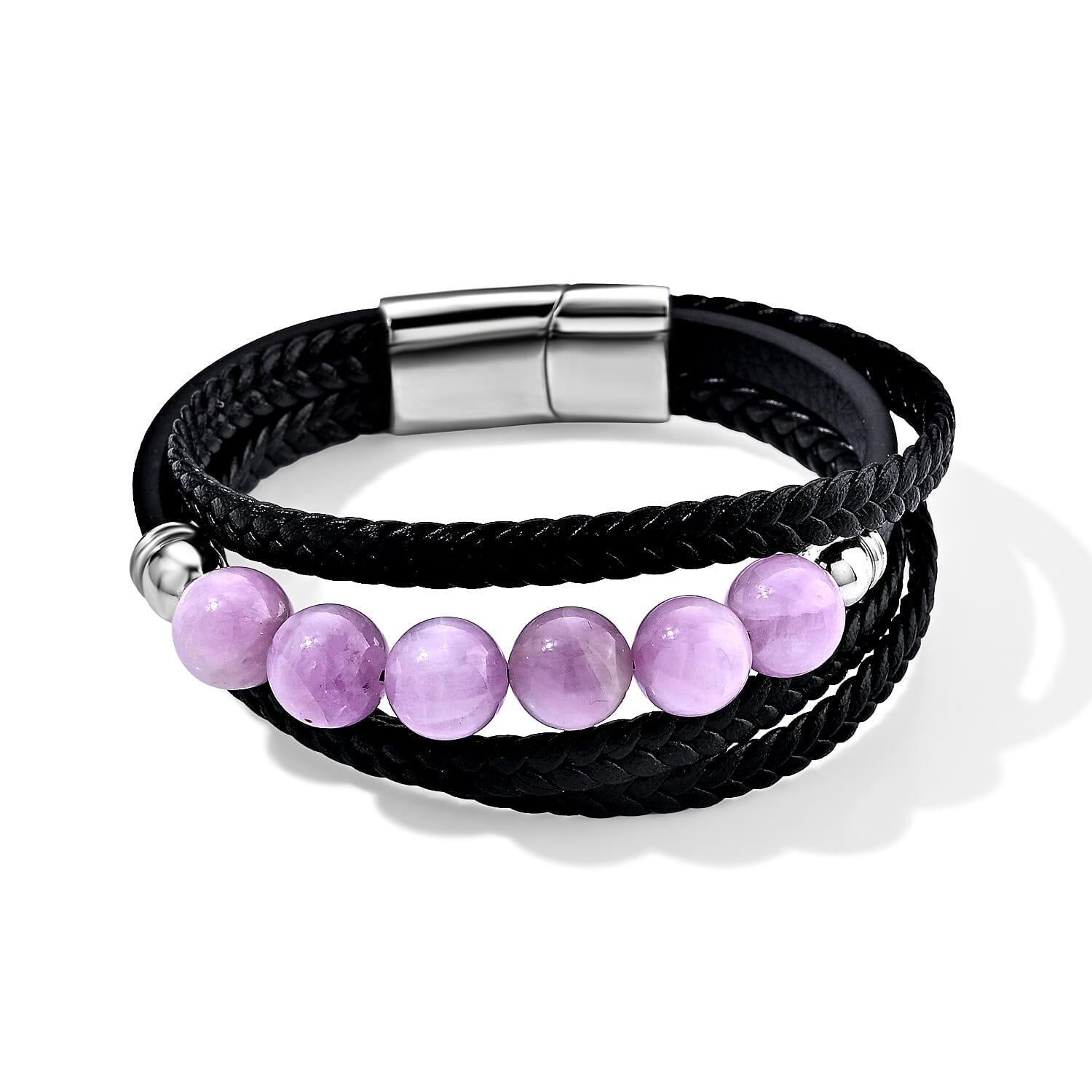 Kunzite 60.00 ctw Beaded Genuine Leather Bracelet in Stainless Steel (7.75 In)
