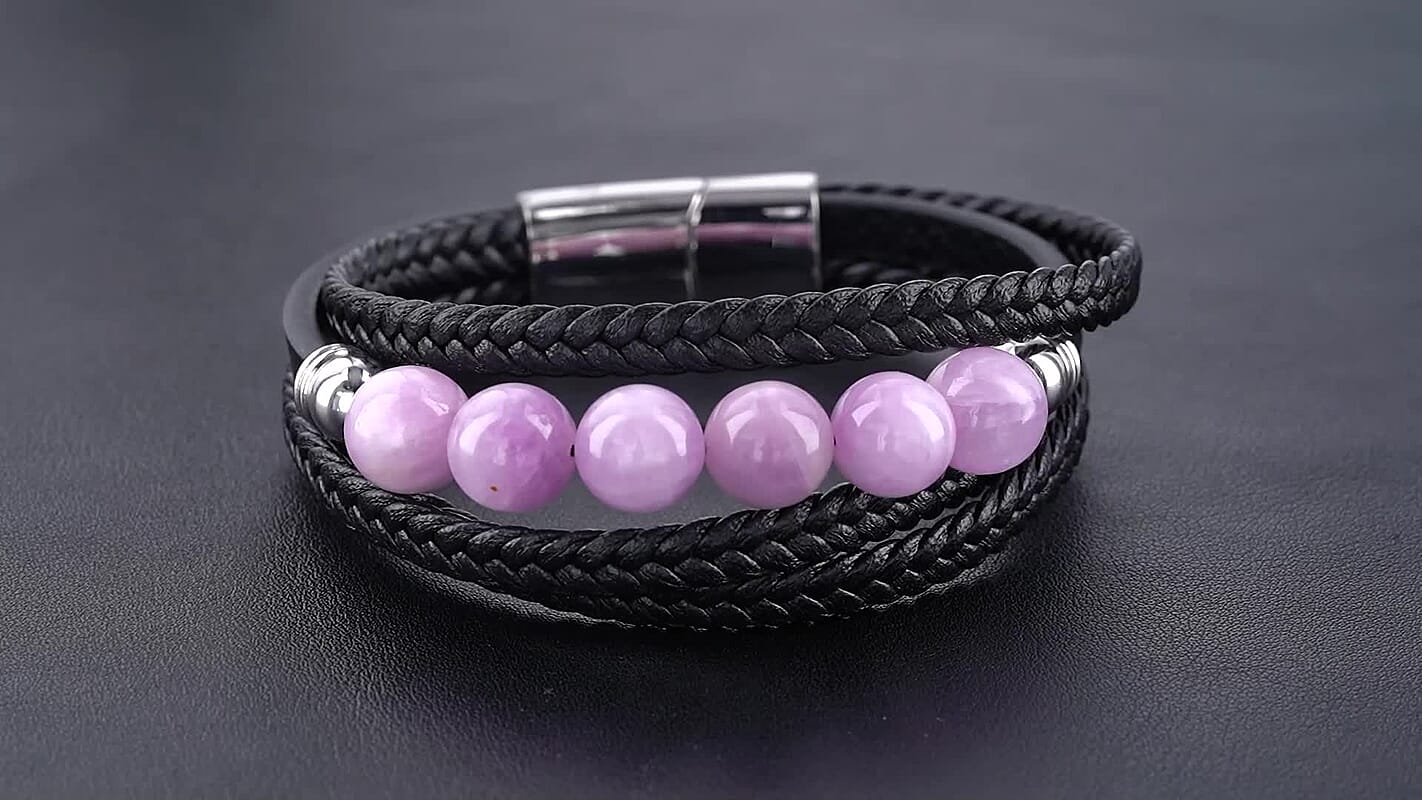 Kunzite Beaded Genuine Leather Bracelet in Stainless Steel (7.75 In) 60.00 ctw